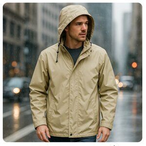 London Fog Men's Tan Long Line Windbreaker with Hood Size XL Outerwear Coastal